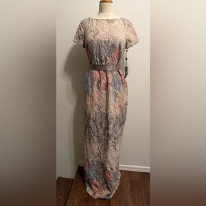 Adrianna Papell Beige Lace Maxi Dress with Blue and Pink Accents